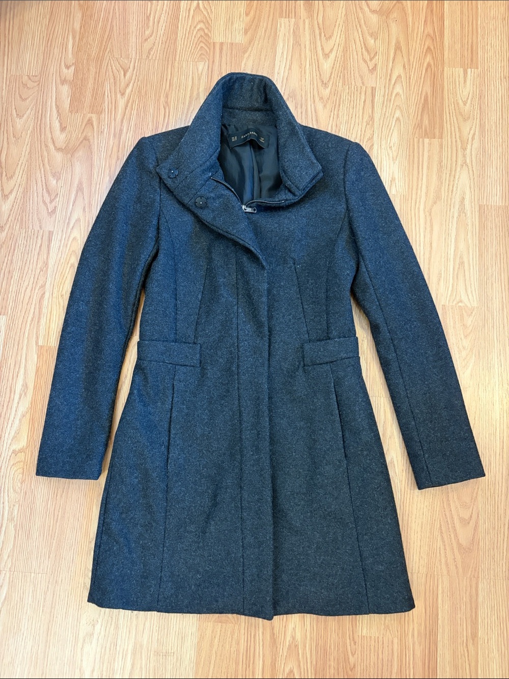 Zara Charcoal Gray Wool-Blend Stand Collar Pea Coat